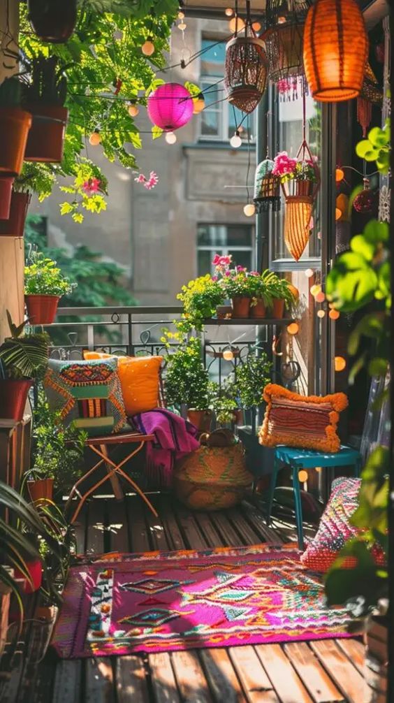 Des lampions colorés pour éclairer le balcon